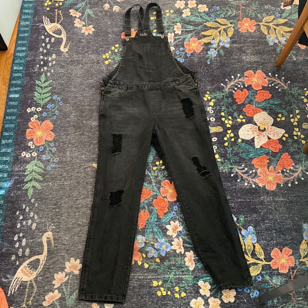 Love Tree black distressed denim overalls